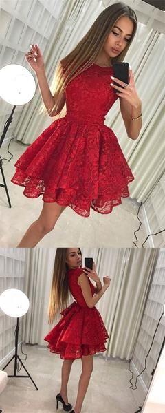 Pretty Round Neck Short Jasmine Lace Homecoming Dresses Cheap Red Party Dresses Cute CD121