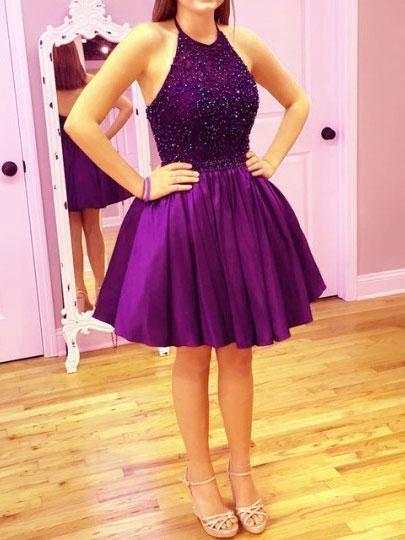 Short Jazlyn Homecoming Dresses Cocktail Open Back Party Dress Purple Halter Neckline Purple Dress CD13495
