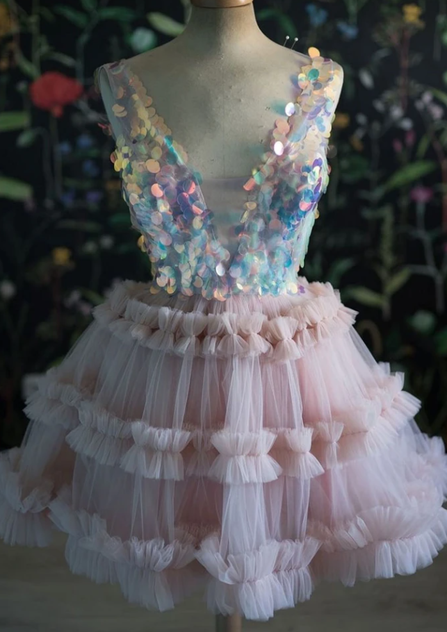 PINK V NECK TULLE SEQUIN SHORT DRESS PINK COCKTAIL DRESS Jaylene Homecoming Dresses CD14913