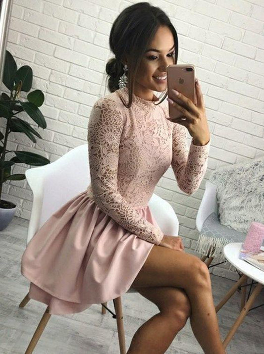 Long Sleeves Satin Pink Yamilet Homecoming Dresses Short CD15