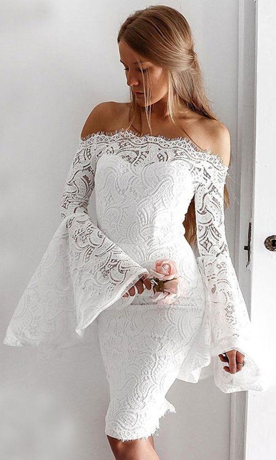 Sheath Camille Lace Homecoming Dresses Off-The-Shoulder Bell Sleeves Knee-Length White Party Dress CD151