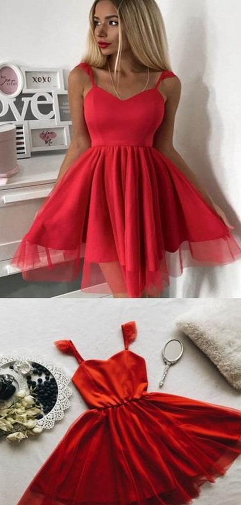 Charming Red Spaghetti Naomi Homecoming Dresses Straps Short A-Line Tulle CD1528