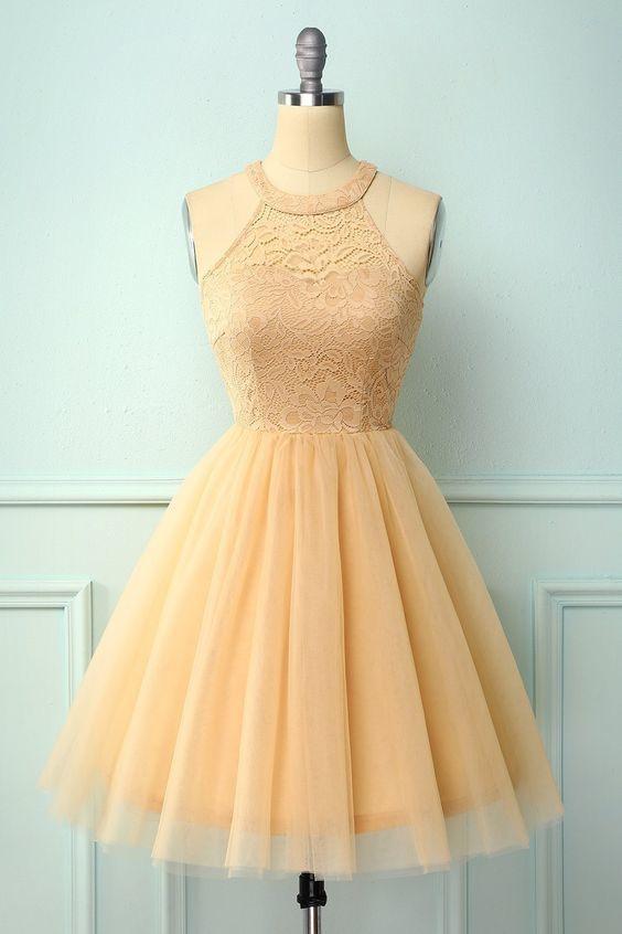 Halter Champagne Homecoming Dresses Lace Mariyah CD17335