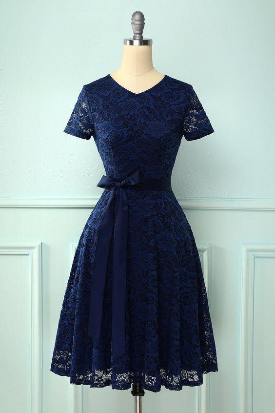 Navy Short Sleeves Lila Homecoming Dresses Lace CD18204