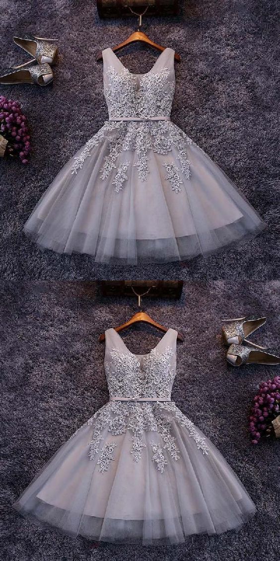 Short Jazlyn Homecoming Dresses Gray Tulle Appliqued CD184