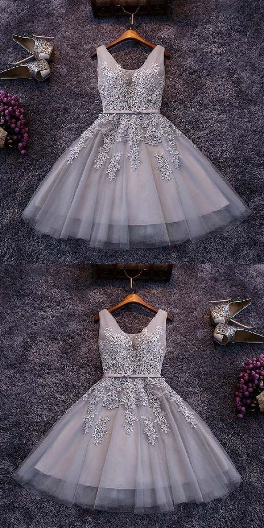 Short Jazlyn Homecoming Dresses Gray Tulle Appliqued CD184