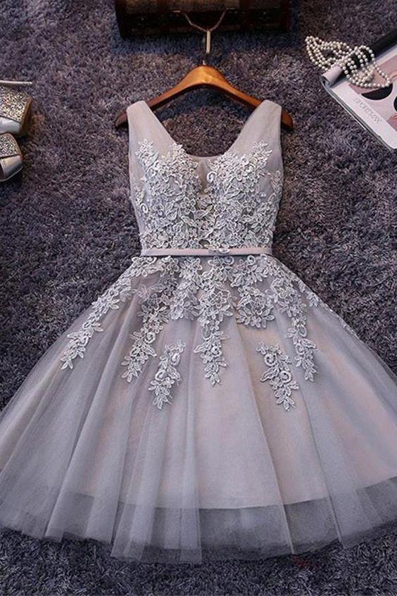 Short Jazlyn Homecoming Dresses Gray Tulle Appliqued CD184