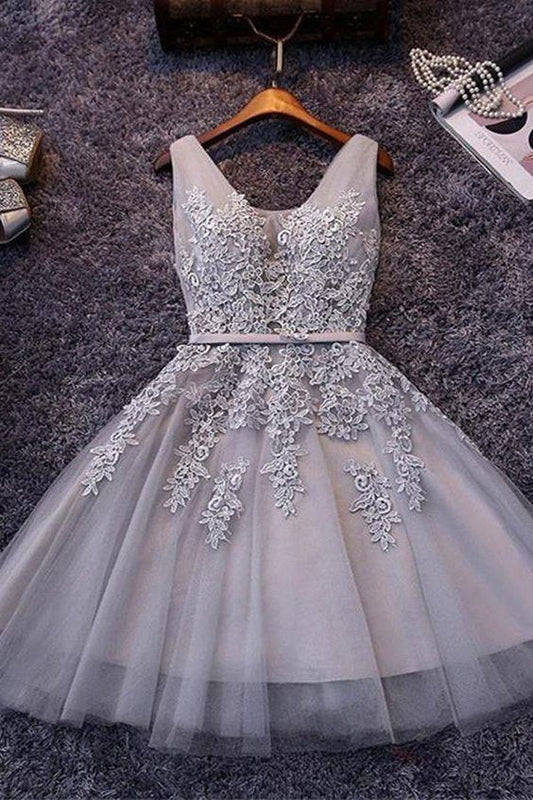 Short Jazlyn Homecoming Dresses Gray Tulle Appliqued CD184