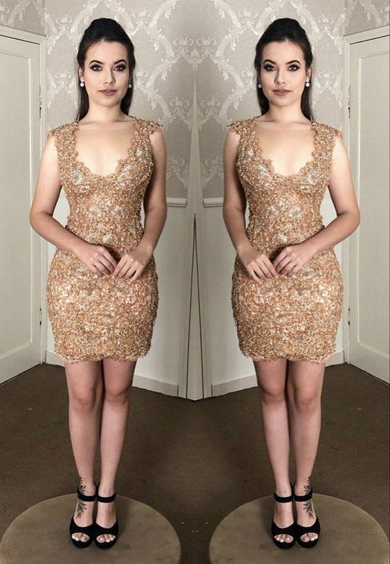 Elegant Lace Homecoming Dresses Regina Gold Short CD18936