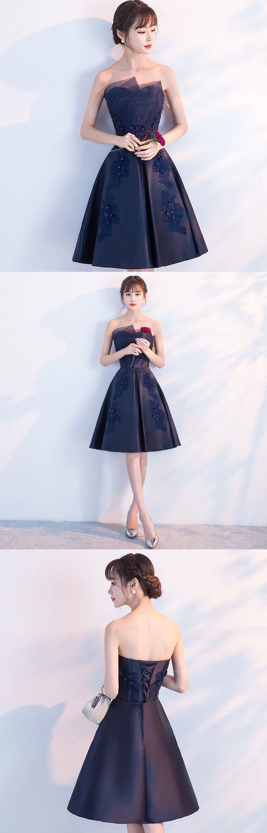 Short A-Line Applique Backless Junior School Dress Homecoming Dresses Satin Madalynn CD1968