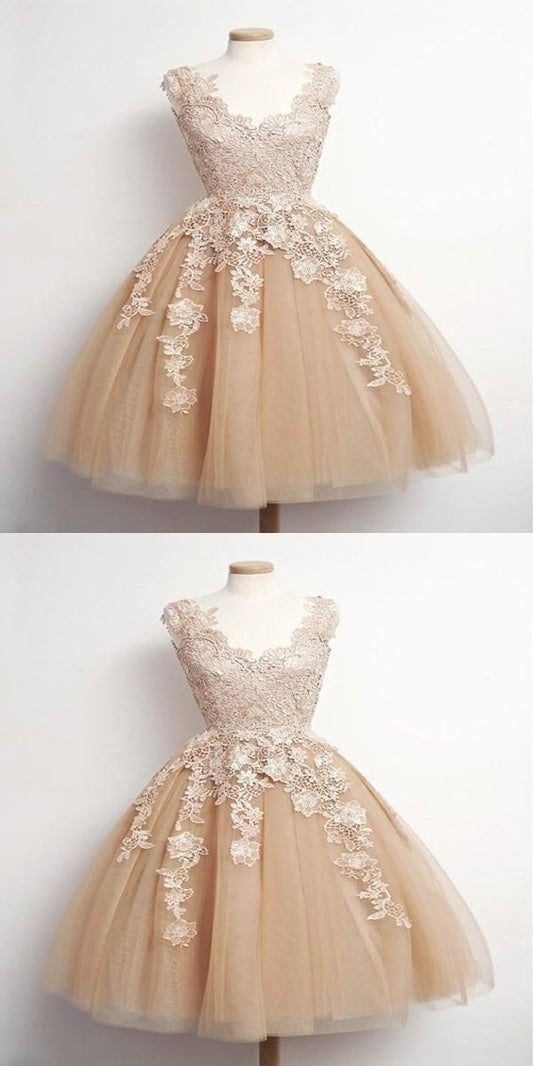 A-Line Jane Homecoming Dresses Sleeveless Champagne Short Appliqued Tulle CD2165