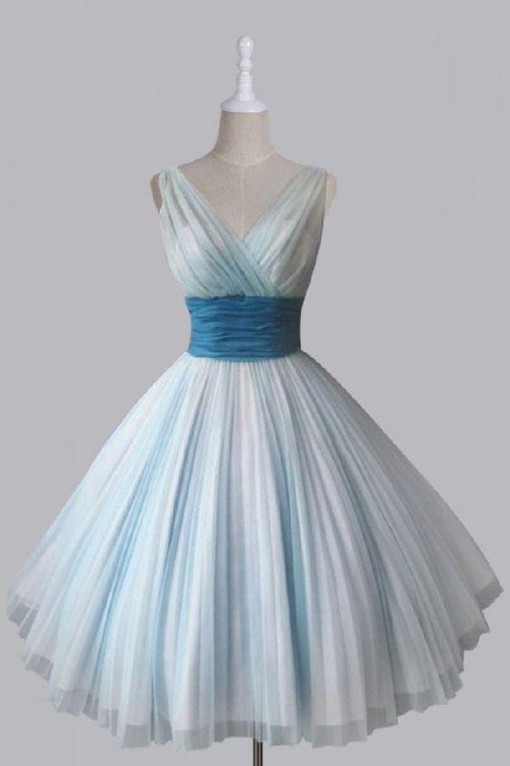 Vintage Short V-Neck 50s Light Kamari Homecoming Dresses Chiffon Sky Blue Party Dress CD2259