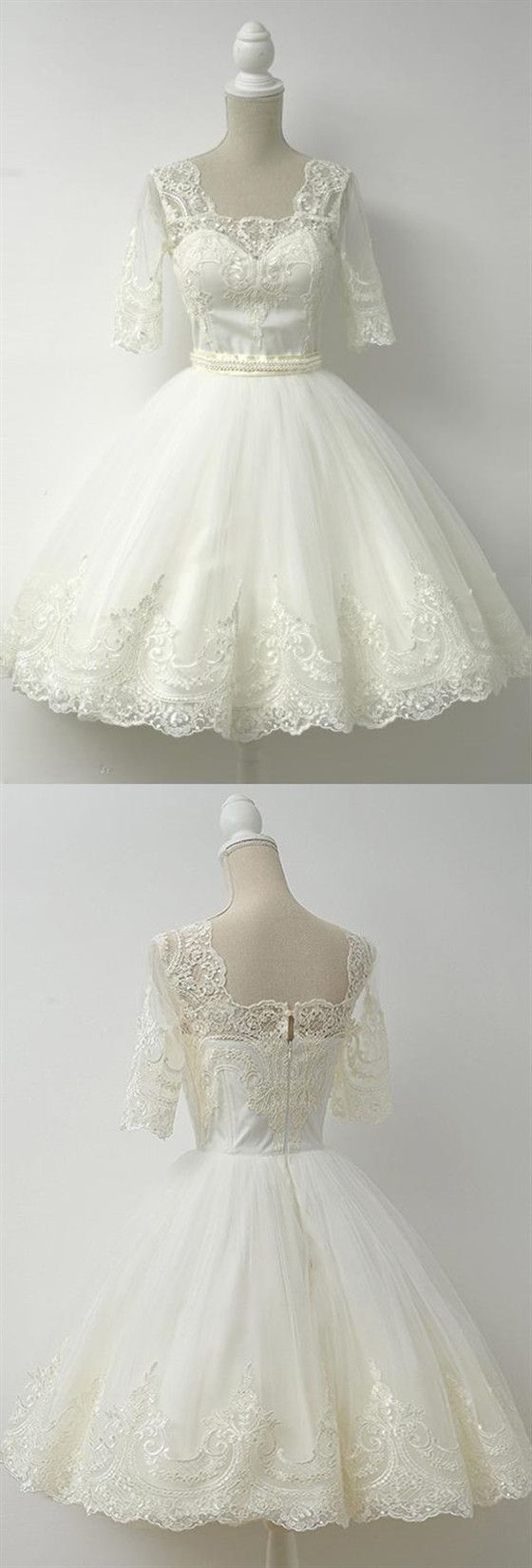 White Half Sleeves Short Homecoming Dresses A Line Novia Cocktail Lace Dress CD22748