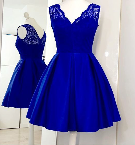 Charming Cute Satin Homecoming Dresses Lace Katherine Royal Blue Short CD233