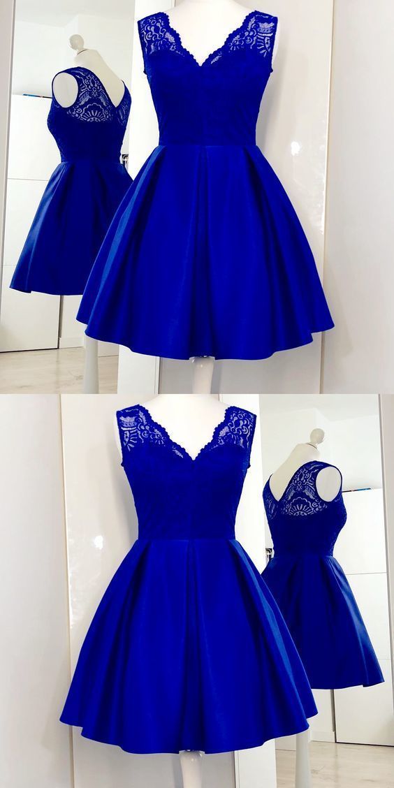 Charming Cute Satin Homecoming Dresses Lace Katherine Royal Blue Short CD233