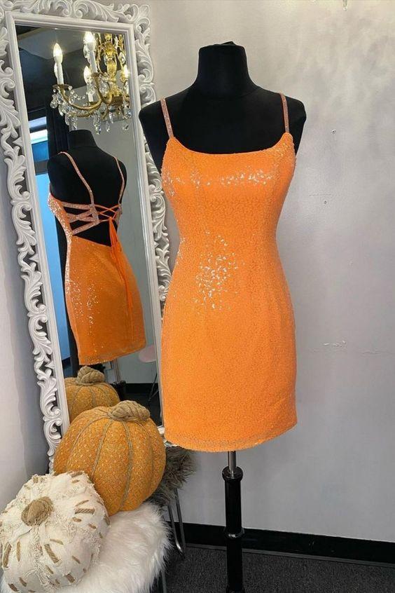 Glitter Orange Homecoming Dresses Brylee Sequins Short CD23469