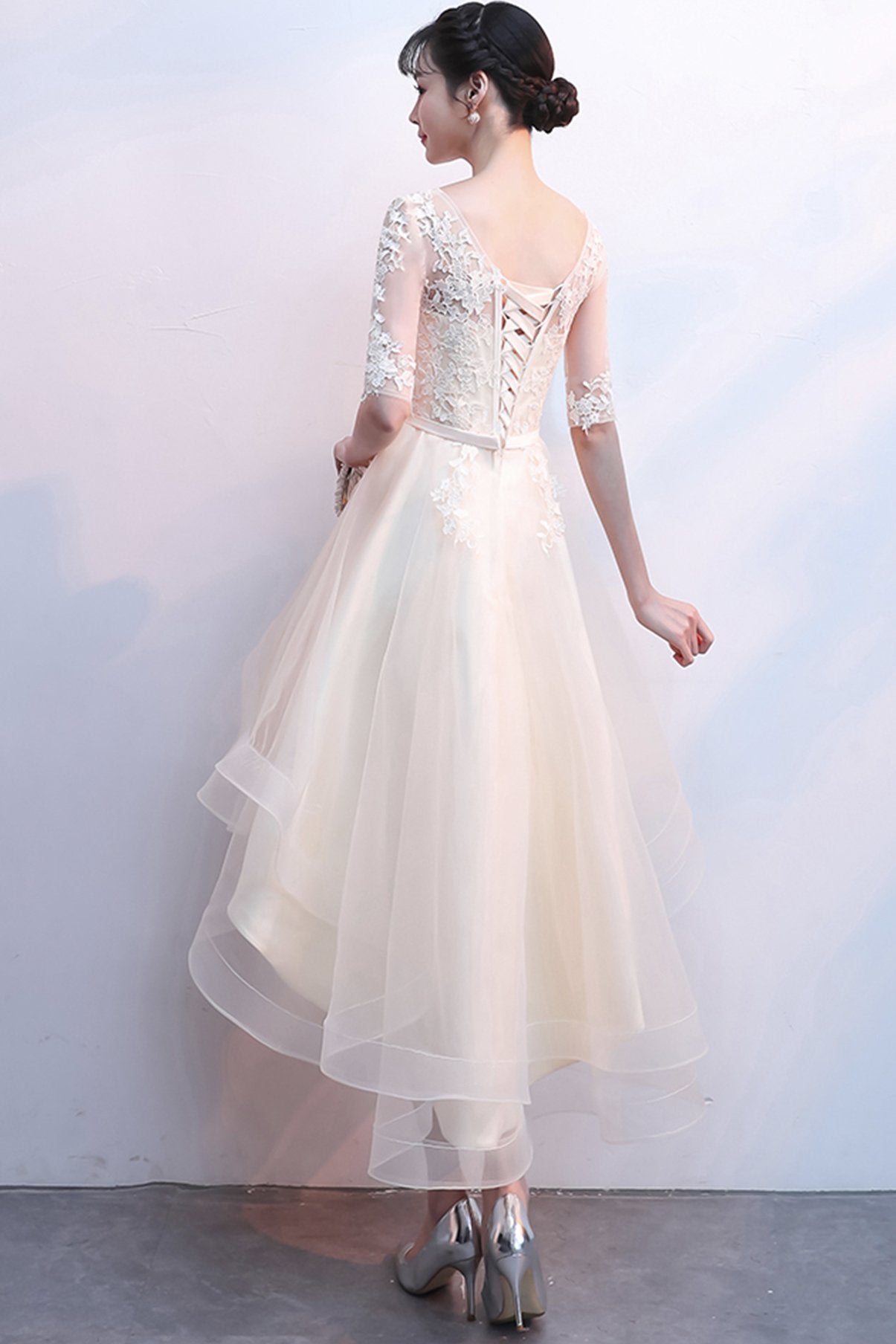 CHAMPAGNE Ursula Homecoming Dresses LACE HIGH LOW CD23510