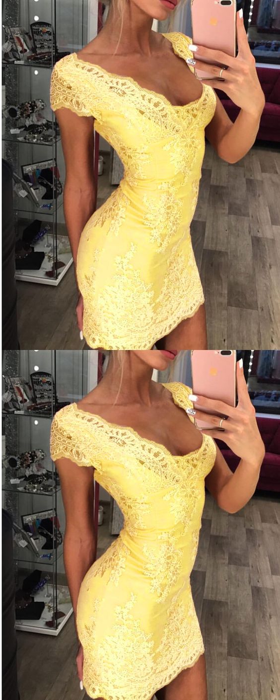 Homecoming Dresses Lace Elisa Yellow Bodycon CD2372