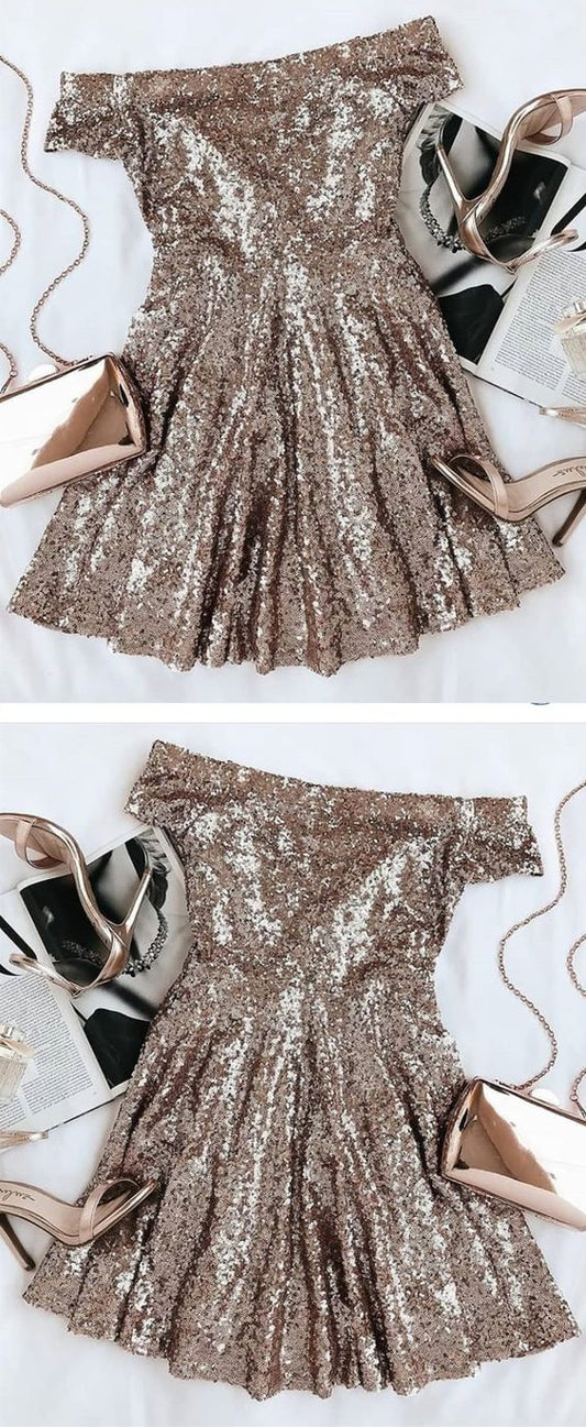 Stunning Gold Seuqins Off The Shoulder Party Dresses Short Sleeves Cocktail Cristina Homecoming Dresses CD2587