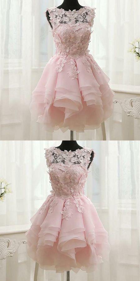 Appliques Organza Homecoming Dresses Pink Skylar Tiered Short Simple CD260