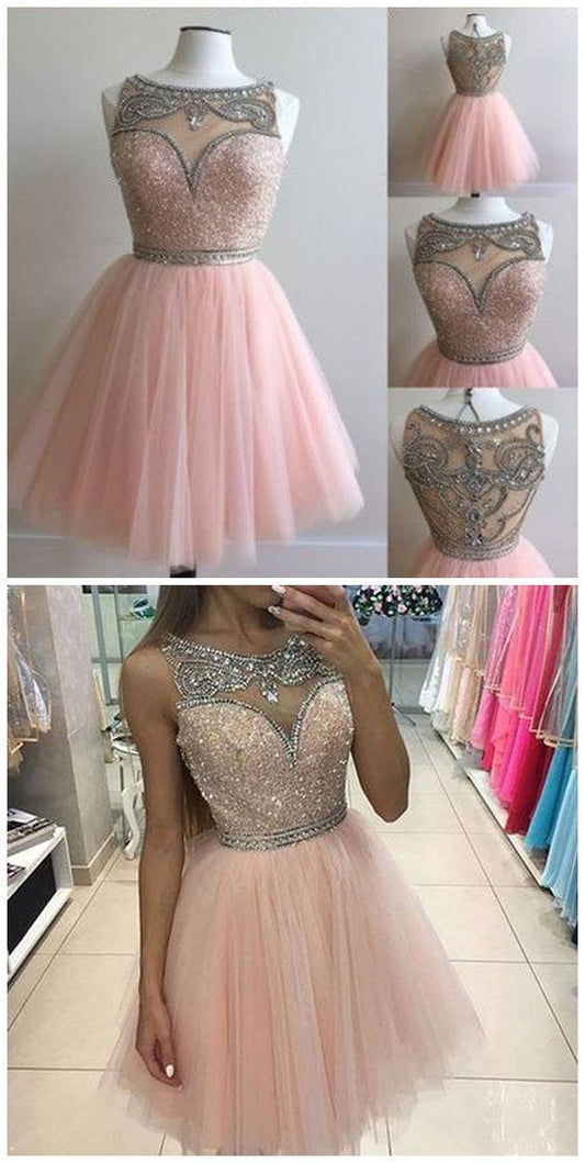Round Kaitlyn Homecoming Dresses Pink Neck Beading Short CD266