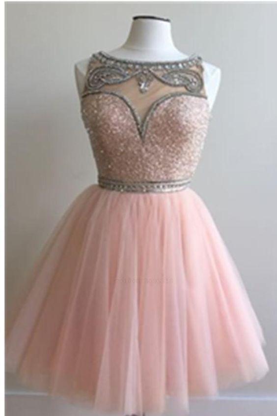 Round Kaitlyn Homecoming Dresses Pink Neck Beading Short CD266