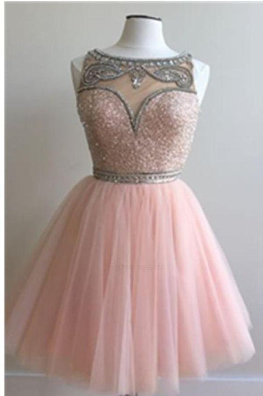 Round Kaitlyn Homecoming Dresses Pink Neck Beading Short CD266