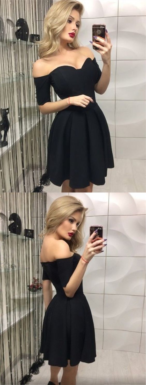 A-Line Off-The-Shoulder Short Sleeves Black Dress Homecoming Dresses Cocktail Madeline CD2799