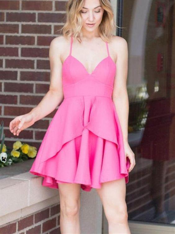 V Neck Spaghetti Straps Sleeveless Short Short Satin Yuliana Homecoming Dresses Pink Formal CD2842