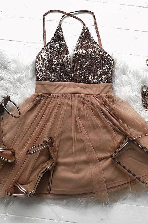 Short Cora Homecoming Dresses Sparkly Rose Gold Short CD291