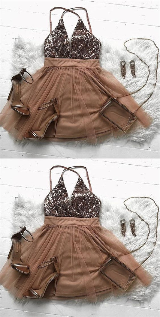 Short Cora Homecoming Dresses Sparkly Rose Gold Short CD291
