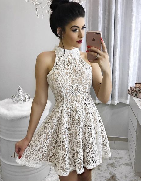 Fashion Caroline Homecoming Dresses Lace A-Line High Neck Short/Mini Dress CD298 Party