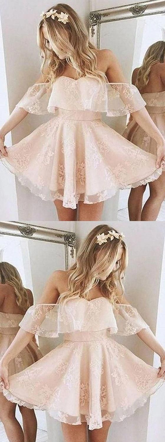 A-Line Off-Shoulder Pearl Tulle Short With Homecoming Dresses Lace Pink Kaelyn Ruffles Cute CD30