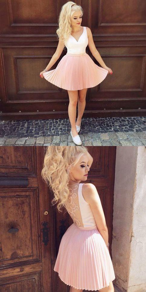 Sheer Backless Appliques Hoco Dresses Cutest Dresses Amiya Homecoming Dresses Pink For Freshman Stylish Short CD308