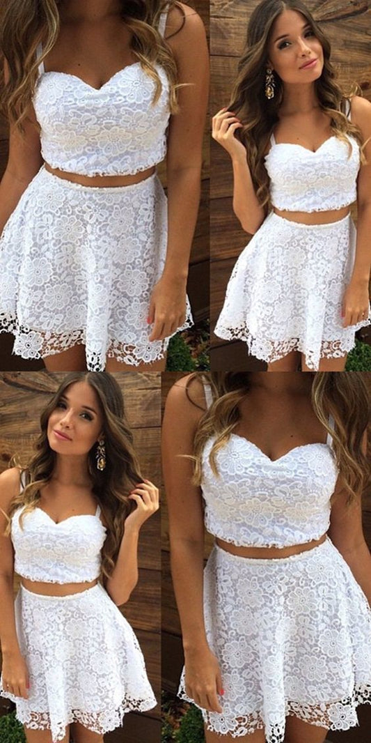 Two Piece Straps Short White Homecoming Dresses Lace Ida Cocktail Dress Cheap CD319