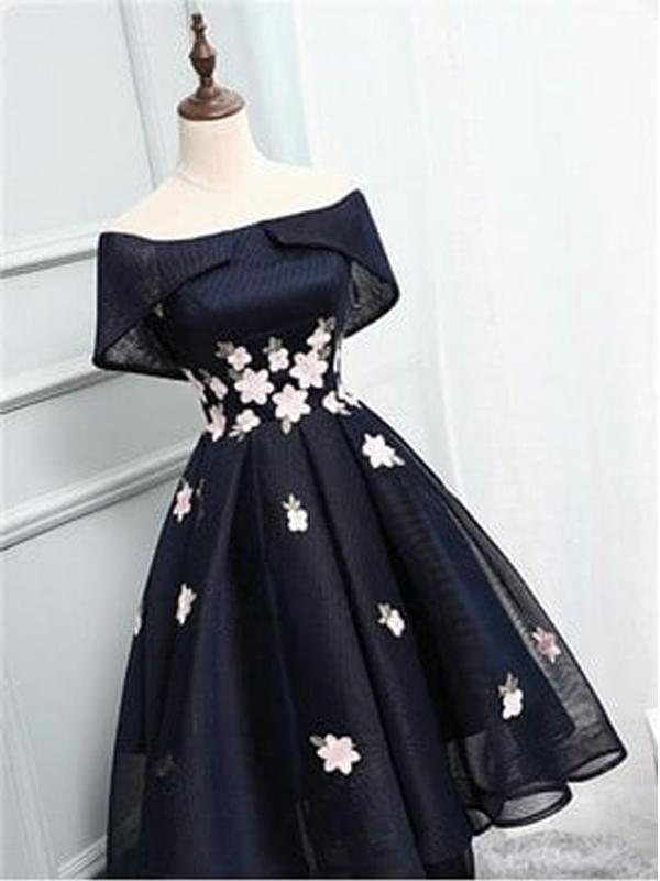 Off-The-Shoulder Black Organza With Homecoming Dresses Casey Handmade Flower Short CD32