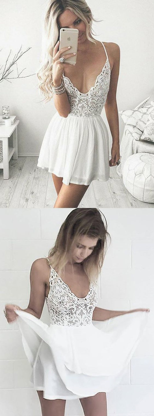 A-Line Spaghetti Straps Homecoming Dresses Lace Cocktail Chiffon Jaylynn Short White Dress With Short CD344