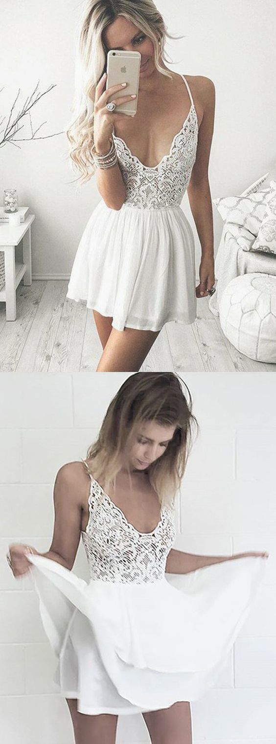 A-Line Spaghetti Straps Homecoming Dresses Lace Cocktail Chiffon Jaylynn Short White Dress With Short CD344