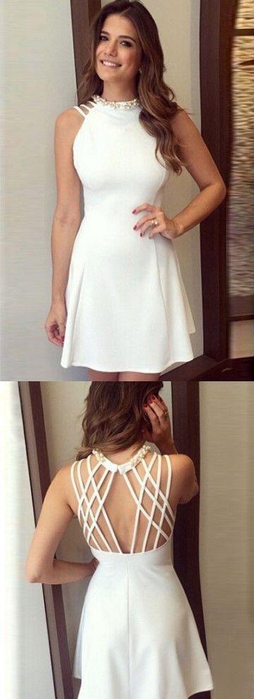 A-Line Jewel Open Back Isla Satin Homecoming Dresses White CD3615