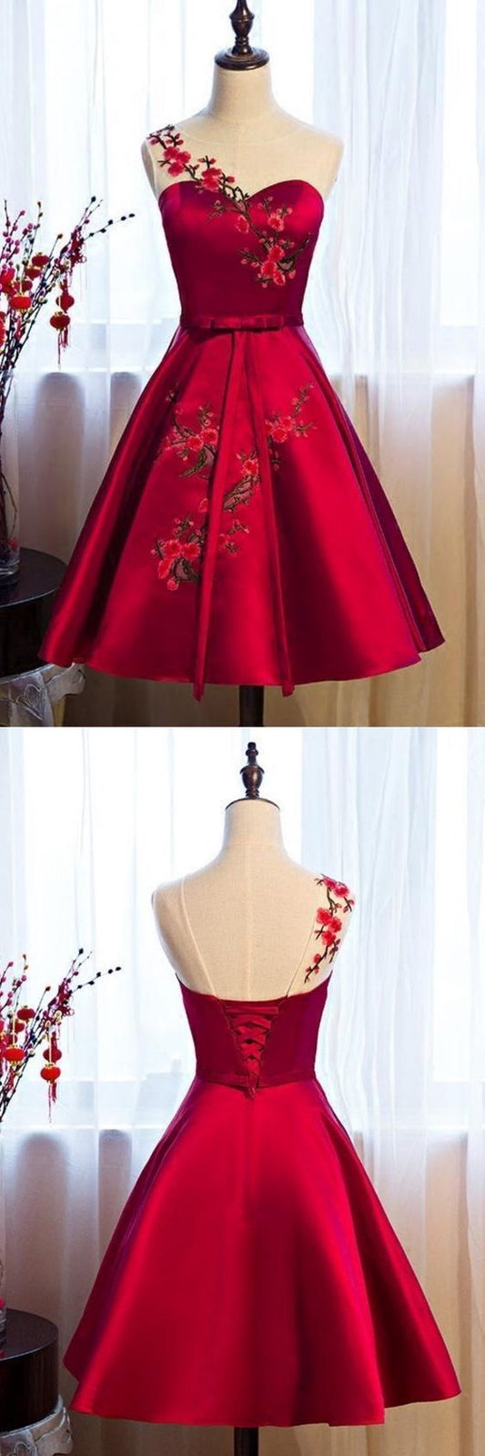 Burgundy Satin Summer Homecoming Dresses With Applique CD363