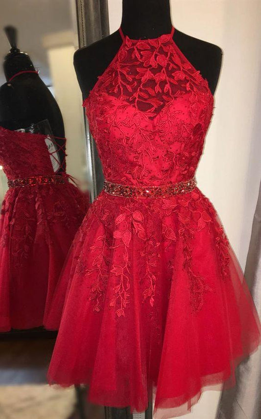 Cheap Red Short Formal Simple Laila Homecoming Dresses Lace Short Dresses With Beading CD3711
