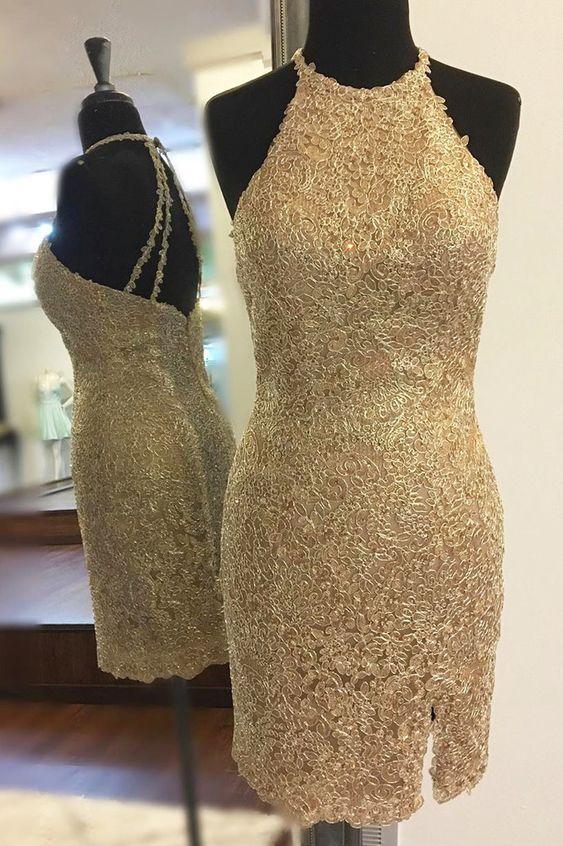 Gold Cocktail Homecoming Dresses Araceli Lace Dresses 2024 CD3790