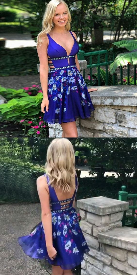 Floral Short Open Karina Royal Blue Homecoming Dresses Back With Beading CD387