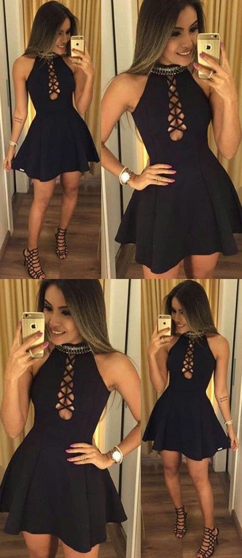 Black Halter A-Line Short Simple Party Dress Homecoming Dresses Alana CD391