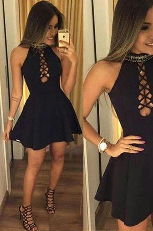 Black Halter A-Line Short Simple Party Dress Homecoming Dresses Alana CD391