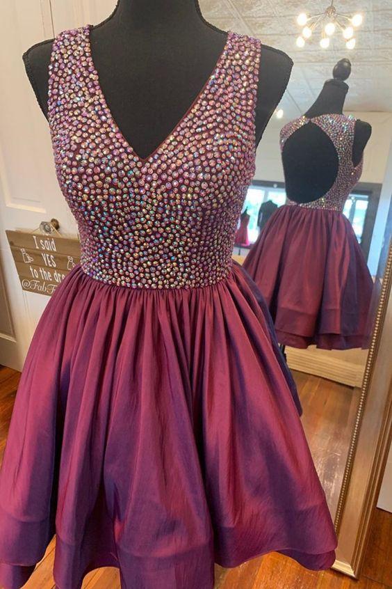 Open Back Short Burgundy V Neck Short Party Dress Homecoming Dresses Martha CD4002