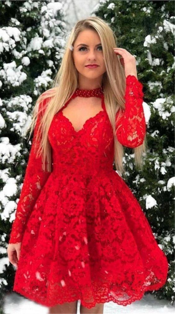 Vintage Red Short Long Mya Lace Homecoming Dresses Sleeve Knee Length For Teens Long Sleeve CD436