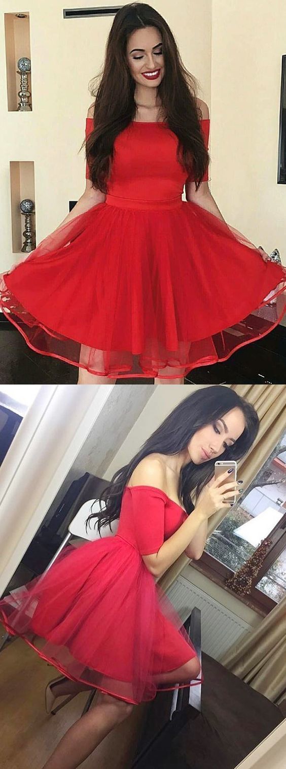 A-Line Off-The-Shoulder Short Red Party Dress Cheap Homecoming Dresses Juliana CD444