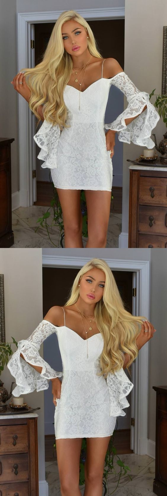 Sheath Off-The-Shoulder Bell Sleeves Short White Dress Cara Lace Cocktail Homecoming Dresses CD4588