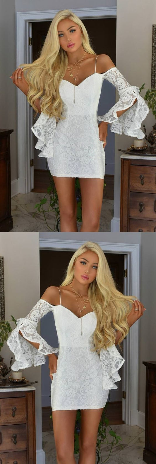 Sheath Off-The-Shoulder Bell Sleeves Short White Dress Cara Lace Cocktail Homecoming Dresses CD4588